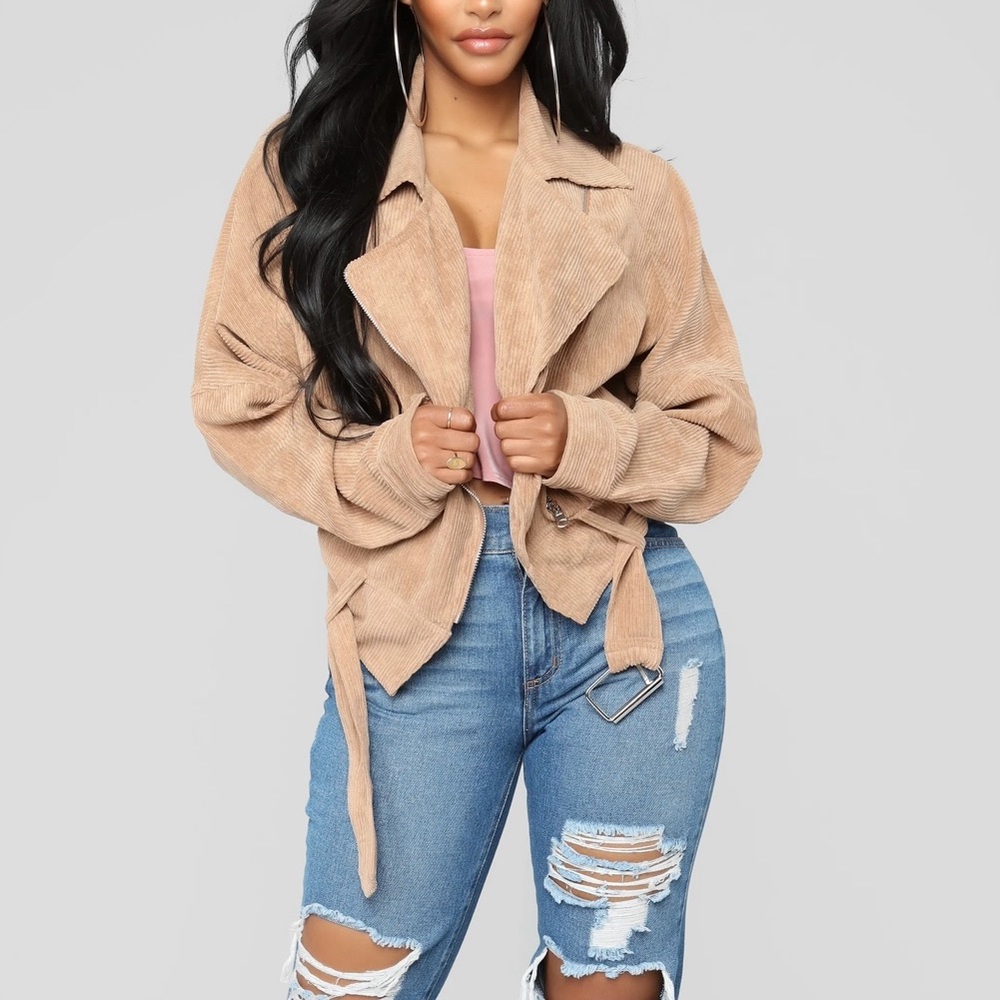 Fashion Nova, Keep It Together Moto Jacket, Camel, Size L, Zipper, Buckle, Tan